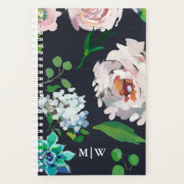 Agenda Bonito Pastel Floral Blooms em Preto com Monograma