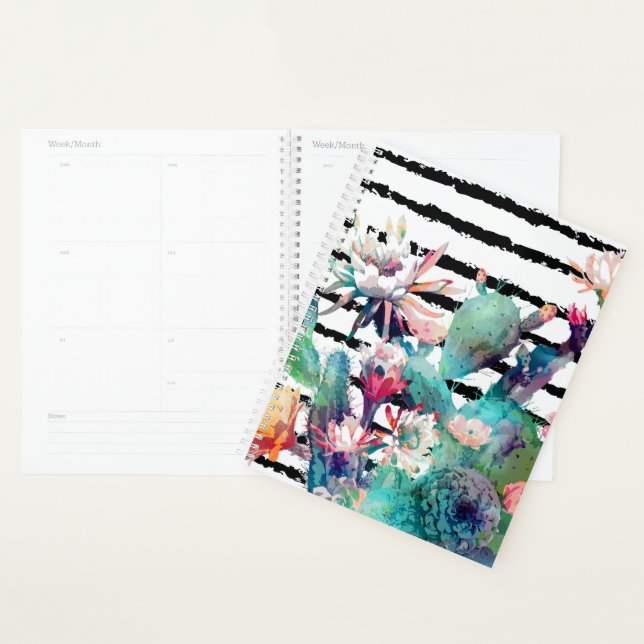 Agenda Bonito Watercolor Cactus Floral Black Stripes (Exibição)