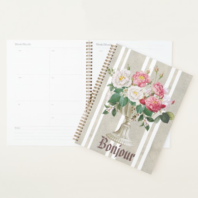 Agenda Bonjour cute dusty background stripes flowers (Exibição)