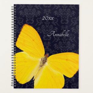 Agenda Borboleta Amarela Elegante Preto Damasco Adicionar