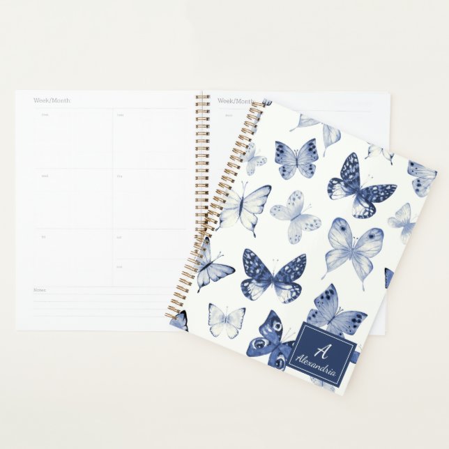 Agenda Borboleta Azul e Branco Moderna  (Exibição)