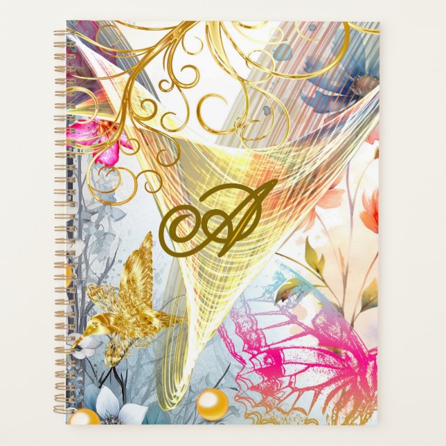 Agenda Borboleta-Borboleta-Dourada, Rosa-Floral, Monogram (Frente)