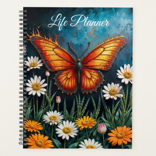 Agenda Borboleta em chamas fantasia de arte branca camomi (Frente)