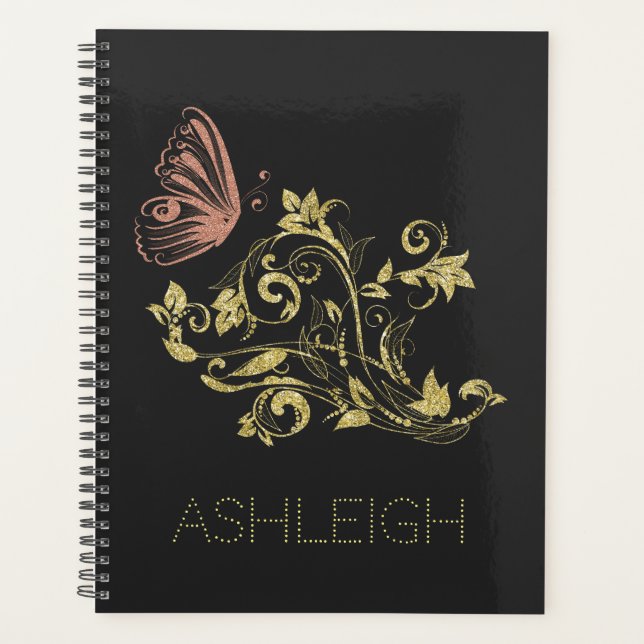 Agenda Borboleta Flourish Dourada de Brilho Personalizada (Frente)