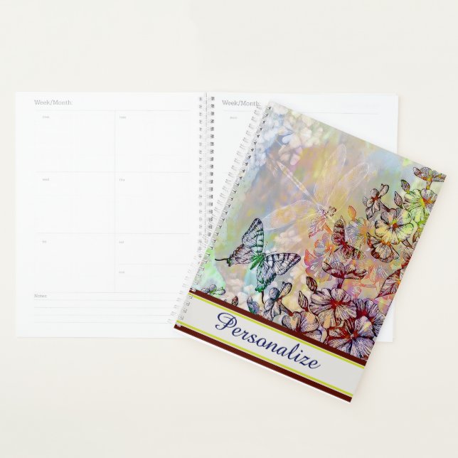 Agenda Borboleta personalizada, libélula e flores (Exibição)