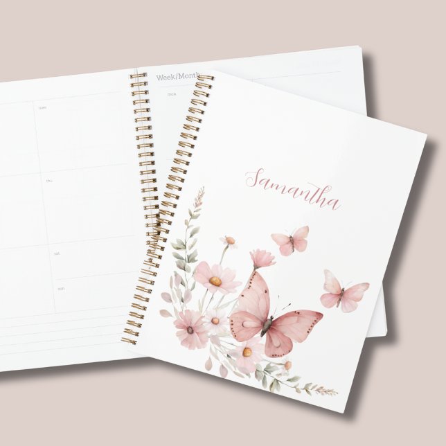 Agenda Borboleta Rosa Floral Personalizada (Criador carregado)