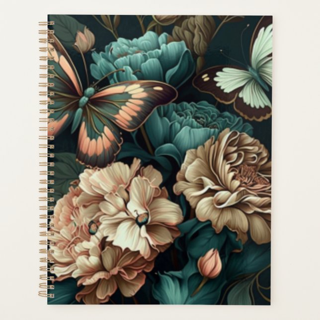 Agenda Borboletas e flores design clássicas escuras (Frente)