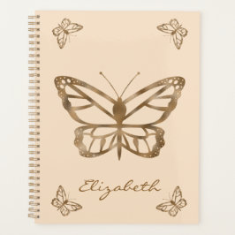 Agenda Borboletas e texto com aparência de folha dourada 