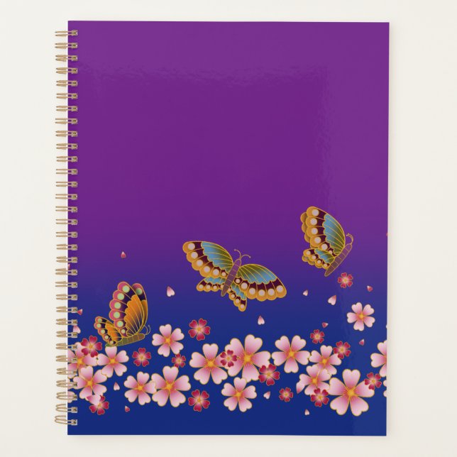 Agenda Borboletas Japonesas No Meio De Sakura Brilha Roxo (Frente)