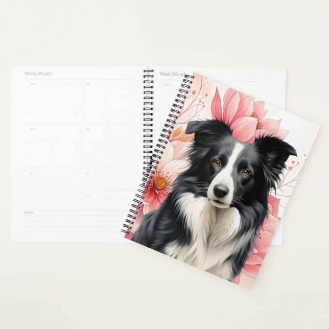 Agenda Border Collie Dog and Bold Pink Lilies (Exibição)