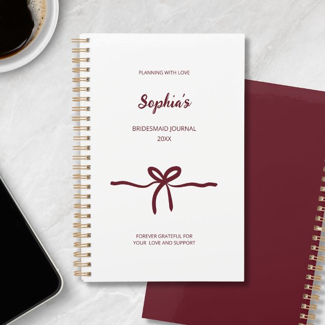Agenda Borgonha Laço Damas de Honra Moderno Nome Ano Scri (Burgundy Bow Bridesmaid Modern Script Name Year Planner)