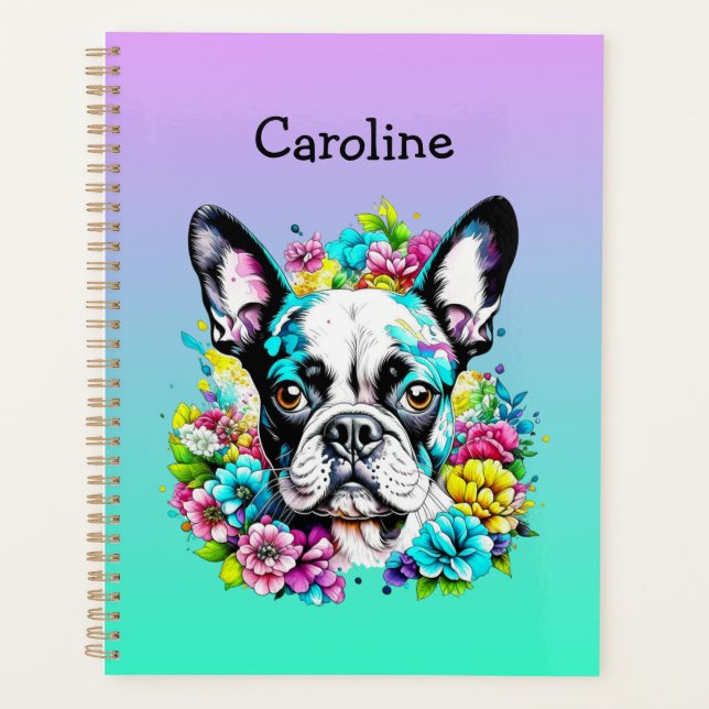 Agenda Boston Terrier cercado por flores personalizadas (Frente)