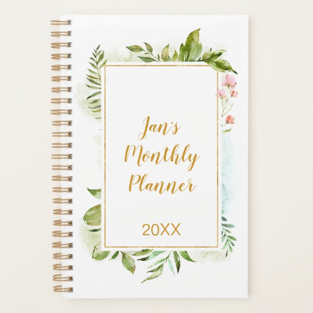 Agenda Botânica Dourada Rosa Geométrica Floral Pessoal (Frente)