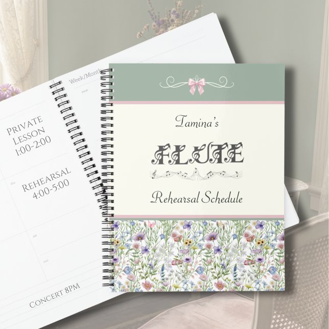 Agenda Botanical Flute Sage Rehearsal Schedule Planner (Whimsical Flute Rehearsal Planner | Pink Floral & Sage Green Botanical Aesthetic Music Gift)