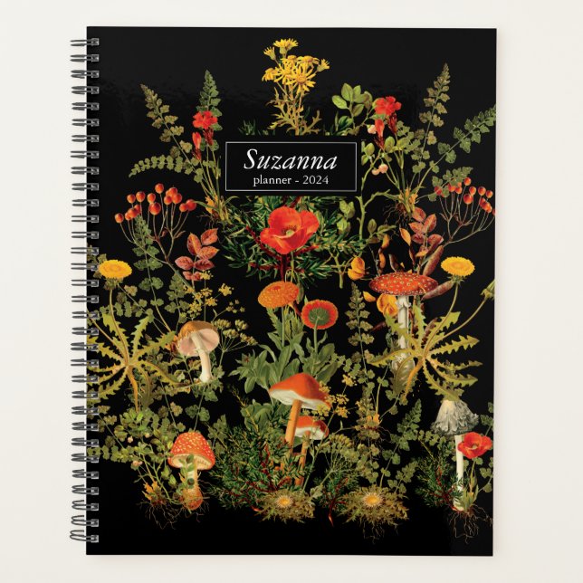 Agenda Botânicos Florais para Notebook Preto para Cogumel (Frente)