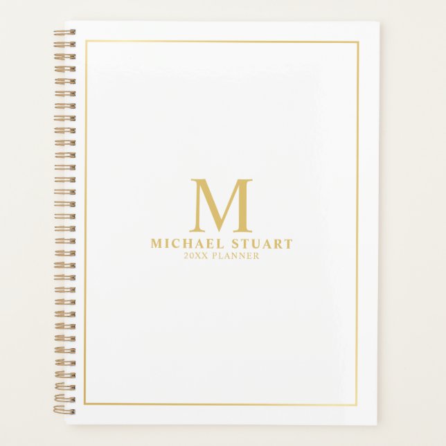 Agenda Branco com Monograma e Nome Personalizados Dourado (Frente)