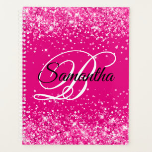 Agenda Brilhante Glittery Rosa Quente Monograma Chique