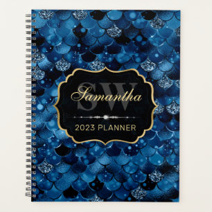 Agenda Brilho Azul Real Escamas de Peixe Sereia Monograma
