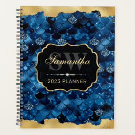 Agenda Brilho Azul Real Escamas de Peixe Sereia Monograma