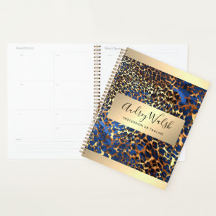 Agenda Brilho Dourado Luxo Pele de Animal Leopardo Maqui