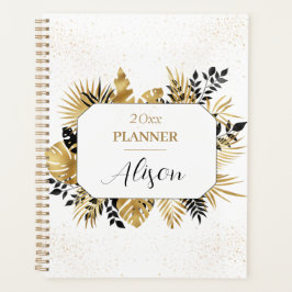 Agenda Brilho Floral Personalizado Preto E Dourado