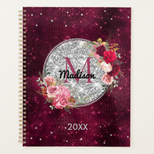 Agenda Brilho prateado chique falso Burgundy floral monog