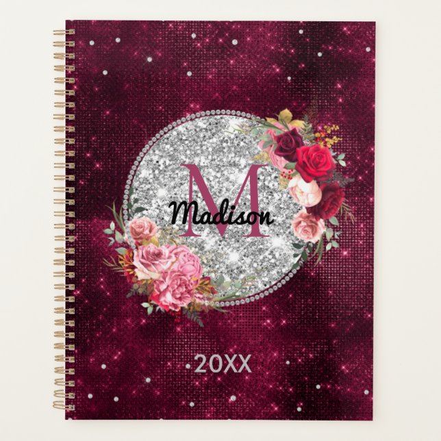 Agenda Brilho prateado chique falso Burgundy floral monog (Frente)
