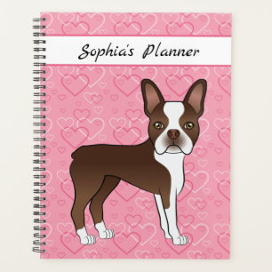 Agenda Brown Boston Terrier Dog Em Corações E Texto Rosa
