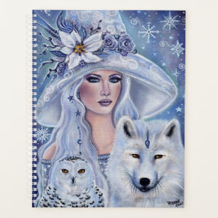 Agenda bruxa branca com lobo e coruja de Renee Lavoie