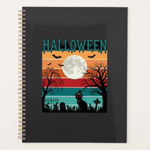 Agenda Bruxa de Halloween Gato Teia de Aranha Lua Cemitér