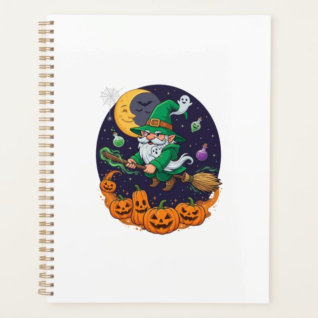 Agenda Bruxa de Halloween Gnome Vassoura Abóboras Lua (Frente)