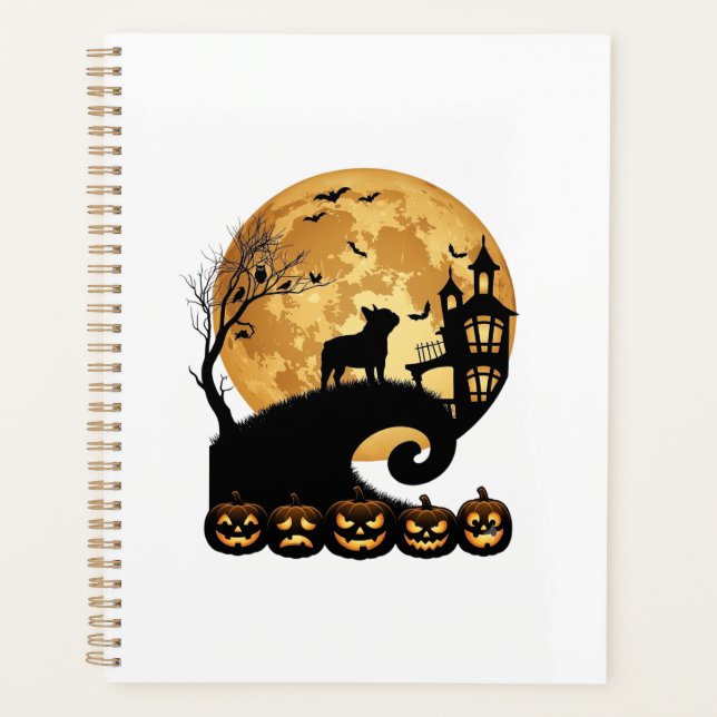 Agenda Bulldog Francês de Halloween Lua Abóboras Assustad (Frente)
