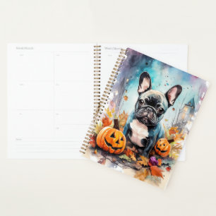 Agenda Bulldog Francês Halloween Com Pumpkins Assustado