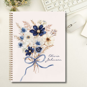 Agenda Buquê de Flores Azul Marinho Aquarela Personalizad