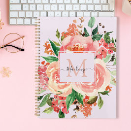 Agenda Buquê Floral Rosa Bege com Monograma Moderno