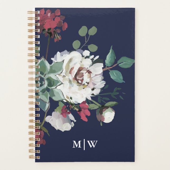 Agenda Buquê floral silenciado bonito com monograma (Frente)
