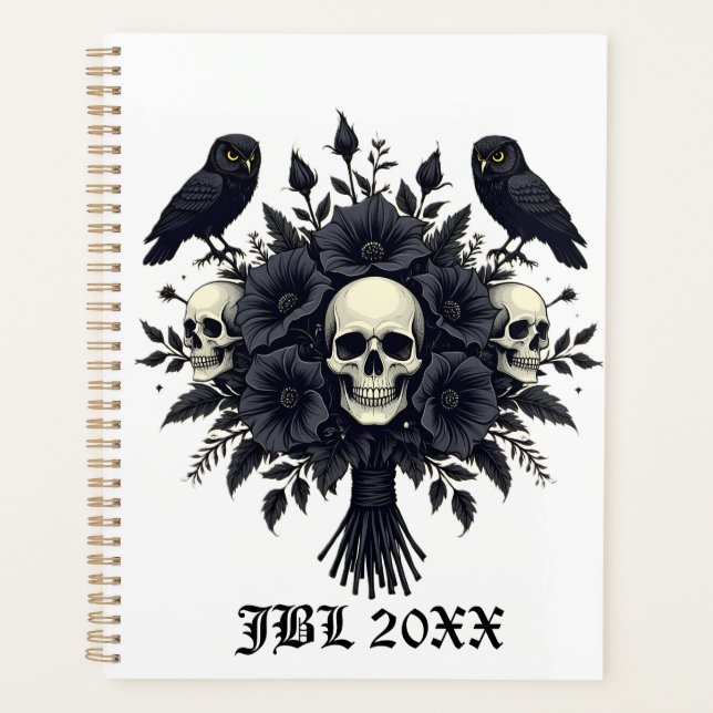 Agenda Buquê gótico com três crânios e dois corujas (Frente)