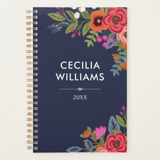 Agenda Buquês Boho - Marinho Azul & Coral - Nome (Frente)