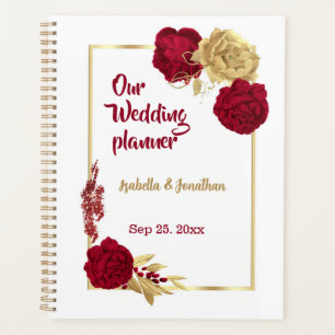 Agenda burgundy e flores douradas casamento elegante