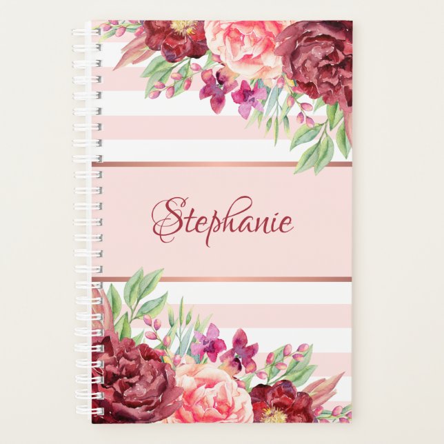 Agenda Burgundy Floral Blush Pink Strips Monograma (Frente)