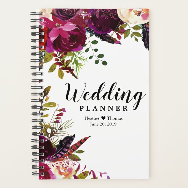 Agenda Burgundy Floral Bridal Planner Diário de Casamento (Frente)