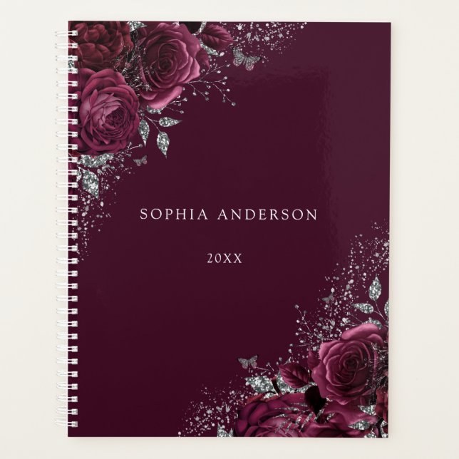 Agenda Burgundy Floral Rosas Bonitas Pessoais (Frente)