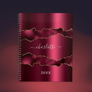 Agenda Burgundy gold metal agate marble name script 2022