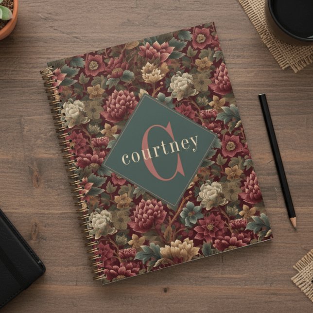Agenda Burgundy William Morris Floral Elegant Monogram  (Criador carregado)