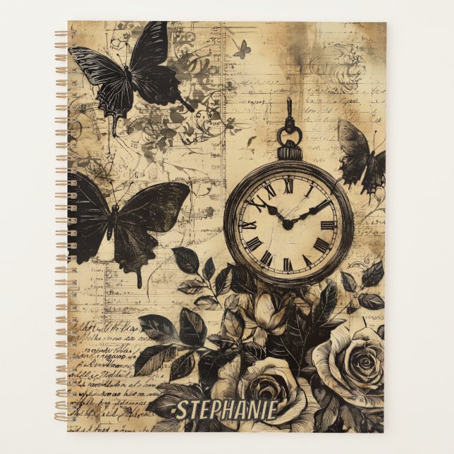 Agenda Bússola Vintage & Borboleta - Papel Rústico (Frente)