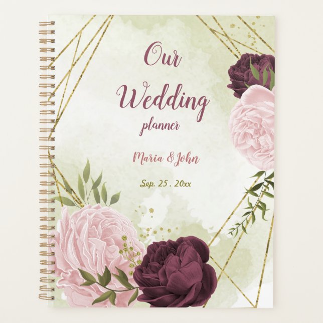 Agenda Cabernet e flores cor-de-rosa casamento verde (Frente)