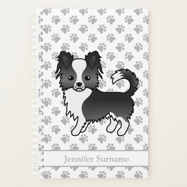 Agenda Cachorro Chihuahua de Casaco Longo Preto e Branco  (Frente)