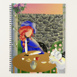 Agenda Cachorro Fofo & Mulher no Café ao pôr do sol