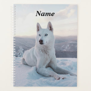 Agenda Cachorro Rouco branco entortando na neve