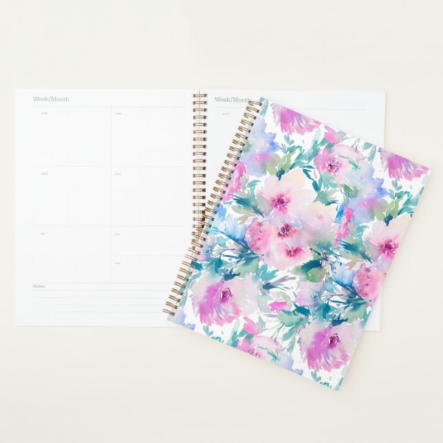 Agenda Caderno com padrão de colagem de flores rosa e azu (Exibição)